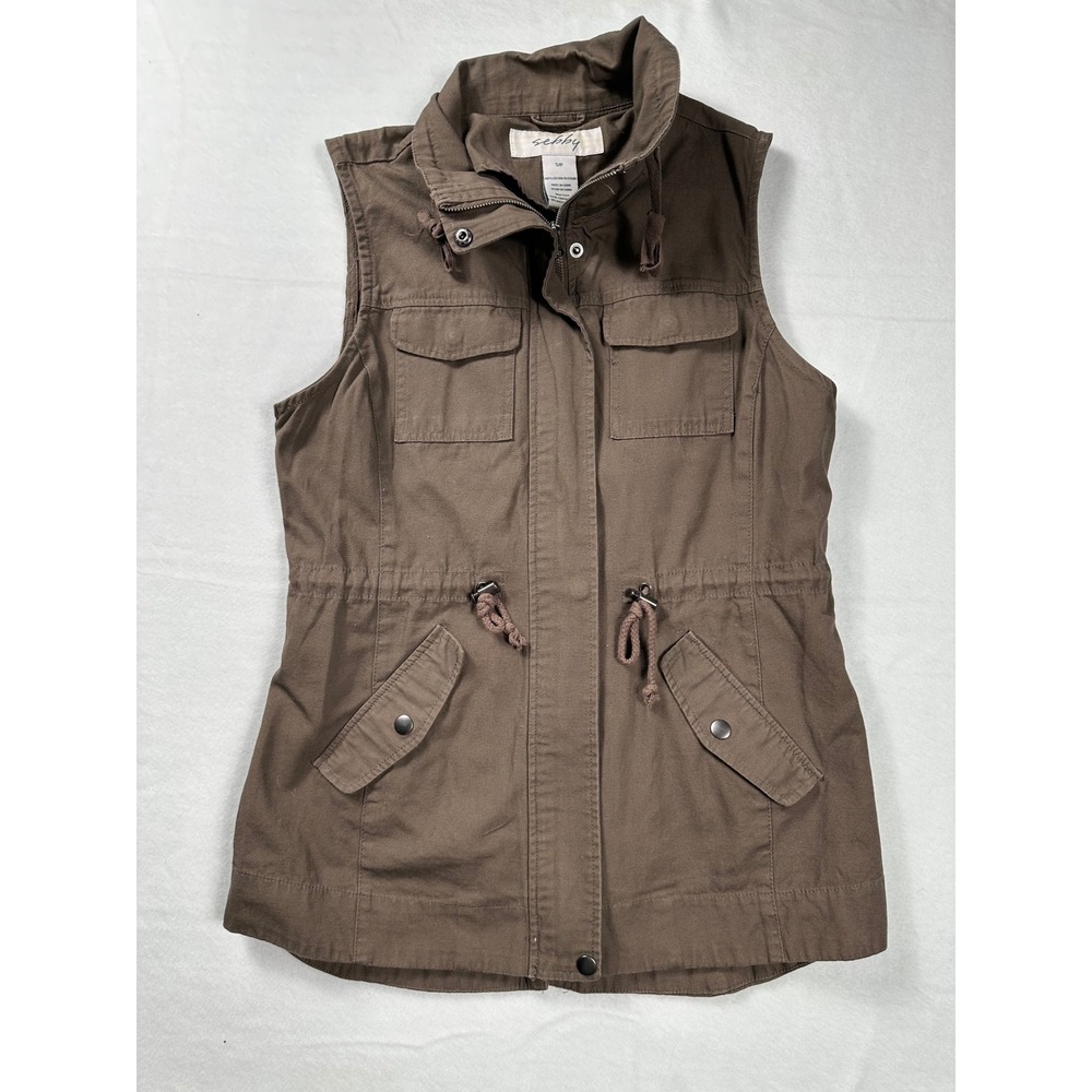 Sebby Utility Vest S P Women Brown Cargo Pockets Drawstring Military Style